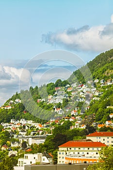 A hillside of homes and businesses that make up the Norwegian city of Bergen