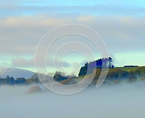 Hillside in misty evening setting