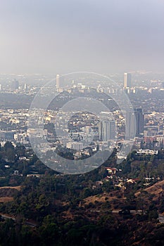 Hillside view of Burbank and Wilshire buildings in haze photo