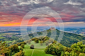 Hilltop Hohenzollern Castle on mountain top in Germany