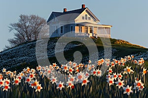 A hilltop house with a foreground of Easter daffodils in full bloom. The house, illuminated by the clear midday sun