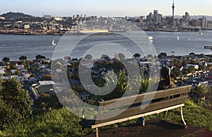 Hilltop vista of seaside suburb, coastal cityscape of cbd and port from grassy Mount Victoria, Devonport, Auckland, New Zealand