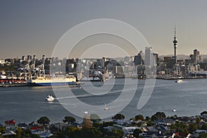 Hilltop vista of seaside suburb, coastal cityscape of cbd and port from grassy Mount Victoria, Devonport, Auckland, New Zealand