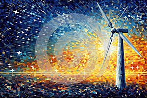 Hilltop Windmill & Starry Sky: Night Landscape, generative ai