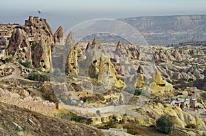 Hilly landscape. Balloons. Goreme, Cappadocia - landmark attraction in Turkey