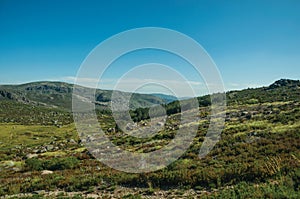 Hilly landscape covered by green fields and rocks