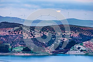 Hilly landscape with wind turbines, Spain