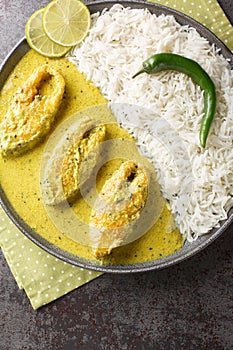 Hilsa fish cooked with mustard and traditional Bangladeshi spices served with white rice closeup on the plate. Vertical top view