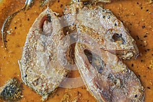 Hilsa fish pieces on a plate.