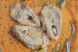 Hilsa fish pieces on a plate.