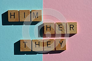 Him, Her, They, gender pronouns. Pink for Girl, Blue for Boy. photo