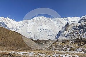 Himalaya Annapurna One mountain peak in blue sky, Nepal