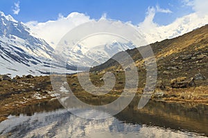 Himalaya Annapurna snow mountain range with reflection on pond, Nepal