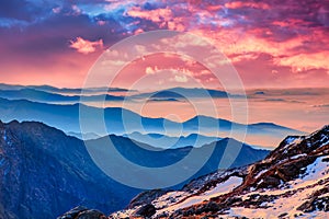 Himalaya golden orange sunrise over blue mountains at Laurebina La pass, Himalayas, Langtang, Nepal