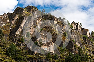 Himalaya Landscape: rocks, trees and Buddhist symbols