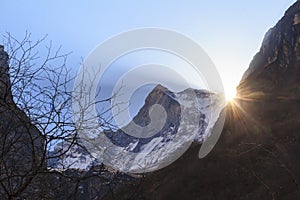 Himalaya Machapuchare mountain with sunrise, Annapurna basecamp, Nepal