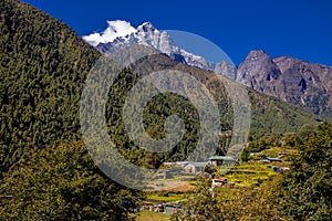 Himalaya mountains on EBC Nepal trek hiking route photo