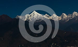 Himalaya mountain range with Panchchuli snow peaks at night under moonlight at Uttarakhand India