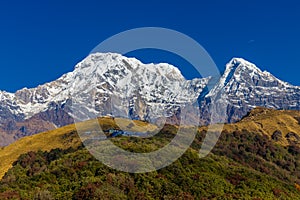 Himalaya mountain summit on Annapurna trek in Nepal