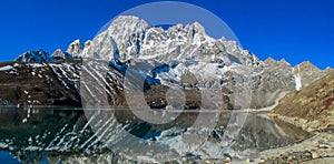 Himalaya mountains and Gokyo lake panorama on EBC trek hiking in Nepal