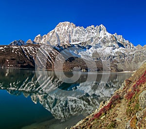 Himalaya mountains and Gokyo lake panorama on EBC trek hiking in Nepal