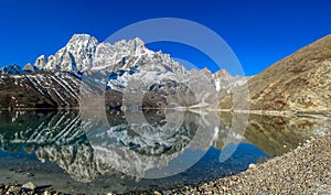 Himalaya mountains and Gokyo lake panorama on EBC trek hiking in Nepal