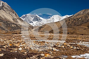 Himalaya mountains landscape and meadow a long the way to Amphulapcha base camp, Everest region in Nepal photo