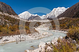 Himalaya mountains and stream water from melted glacier view from Bimthang village in Manaslu circuit trekking route in Nepal