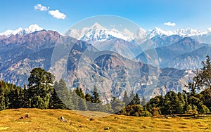 Himalaya snow peaks with barren mountain range and scenic landscape at Uttarakhand India