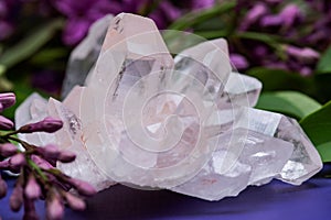 Himalayan Clear Quartz Clusters with Hematite inclusions surrounded by lilac flowers.
