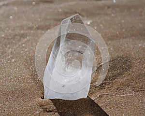 Himalayan Clear Quartz Point on wet sand near water on the beach