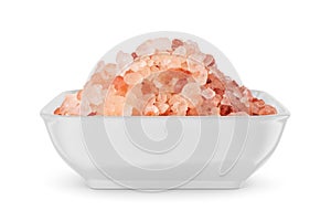 Himalayan coarse salt in square bowl isolated on white. Front view