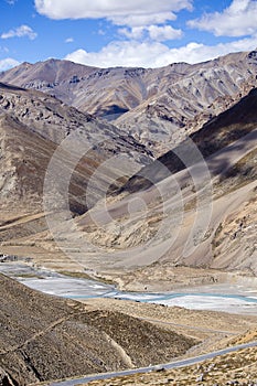 Himalayan landscape in Himalayas mountains along Manali - Leh highway. Himachal Pradesh, India