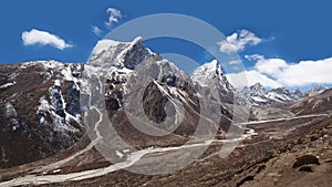 Himalayan mountain landscape with panoramic view of Cholatse and Taboche mountains on the road to Everest Base Camp in Sagarmatha