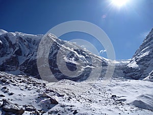 Himalayan mountain range with rocks and snow