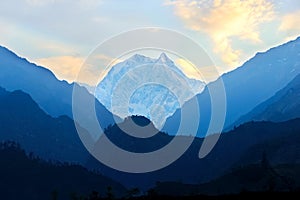 Himalayan mountains near the village of Tatopani in Nepal. Annapurna Circuit Trek