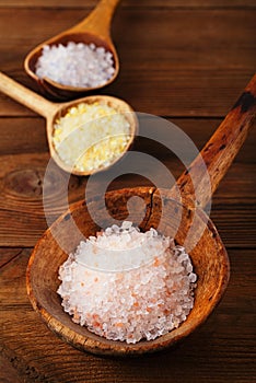 Himalayan Pink Crystal Rock salt in rustic wooden spoon