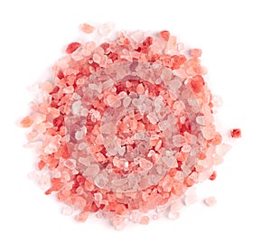 Himalayan pink salt isolated on white background. Himalayan pink salt in crystals. Top view