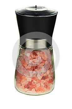 Himalayan pink salt in mill isolated on white background. Mill Grinder mock up.
