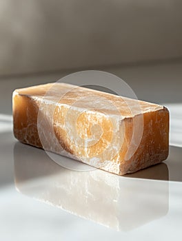 A Himalayan salt block on a reflective surface.