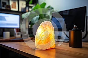 himalayan salt lamp glowing on a counselors desk photo