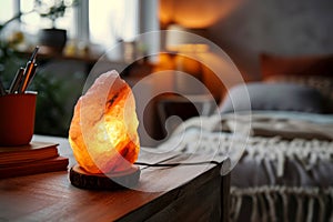 Himalayan salt lamp on wooden bedside table, warm orange glow in a cozy bedroom background with copy space. Concept of