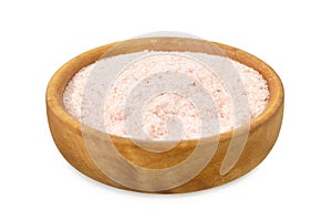 Himalayan salt in wooden bowl isolated on white