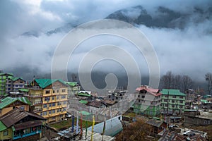 Himalayan town Lachen on a foggy winter morning.