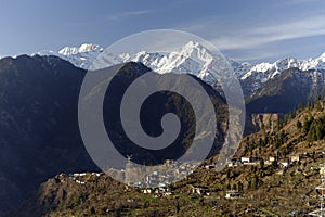 Himalayan village Sarahan situted in a valley of snowcapped mountains