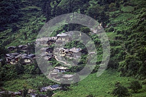 Himalayan village in a valley on way to Pindari