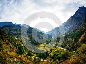 Himalayan village view from road in Parvati Valley, Himachal Pradesh