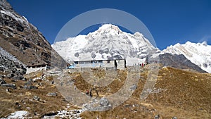 Himalayas mountain landscape in the Annapurna region. Annapurna peak in the Himalaya range, Nepal. Annapurna base camp trek. Snowy