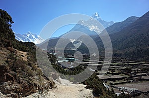Himalayas mountain landscape. Trail to Everest base camp near Pangboche village, Nepal photo