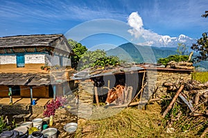 Himalayas mountains, a farmhouse and a stall near Pokhara in Nepal